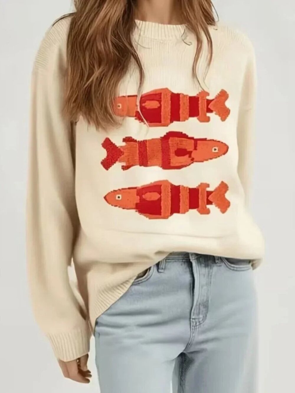 Orange Sardine Fish Jacquard Sweater